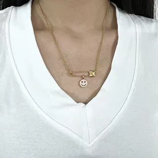 Chrome Hearts gold full diamond smiley face brooch necklace
