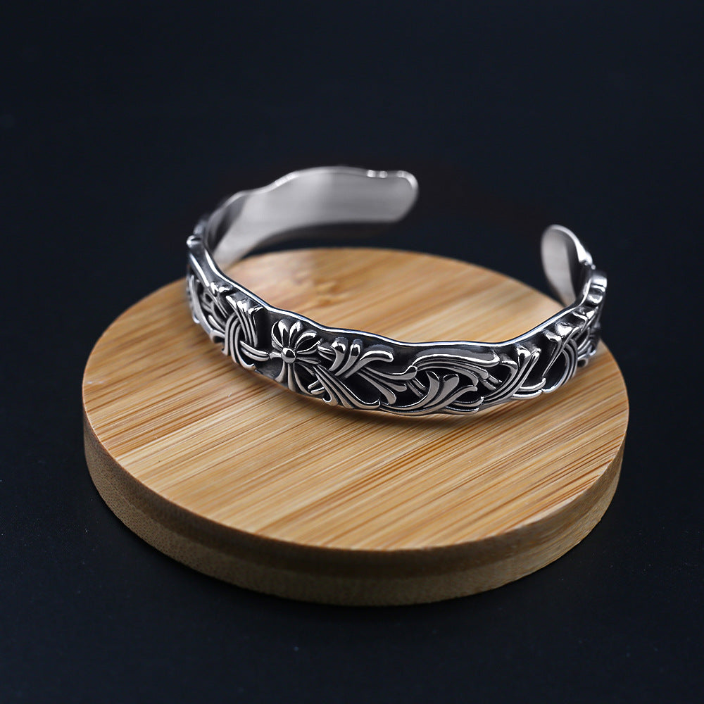 Chrome Hearts S925 Sterling Sliver Floral Cuff bracelet with intricate carvings